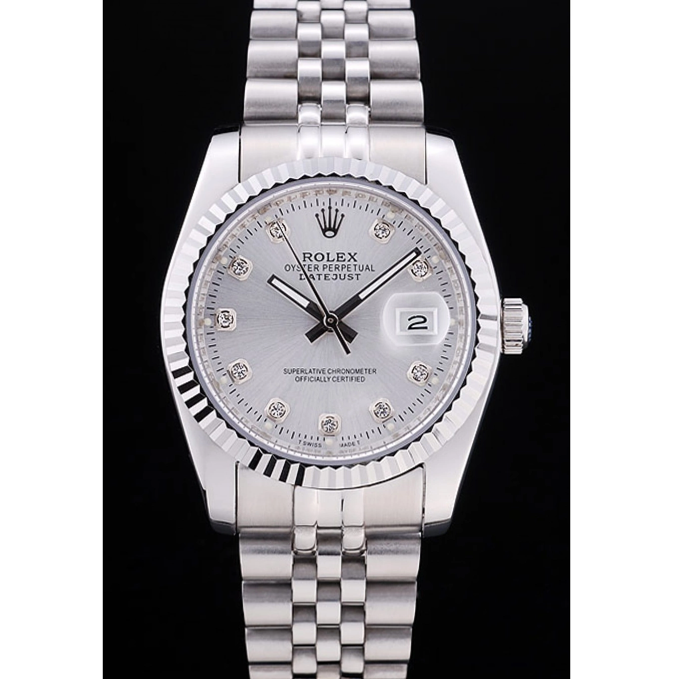Aaa replica watch Datejust Ribbed Rolex 7455 Silver Diamonds Dial Bezel 0716